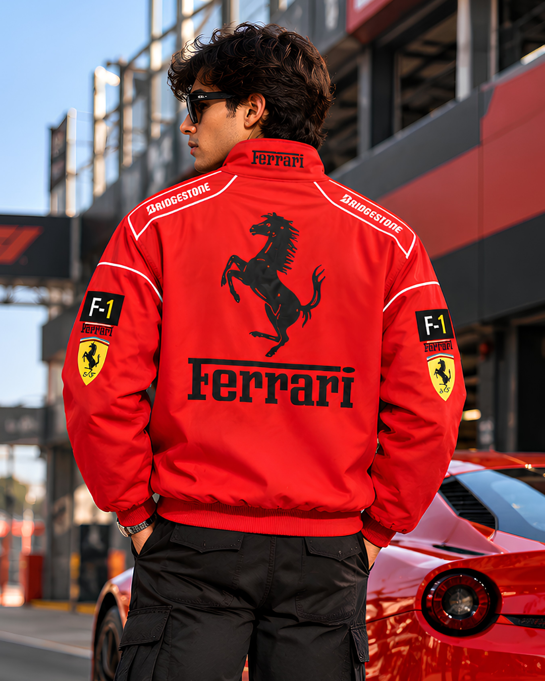 Men's red motorsport jacket full body model photoshoot