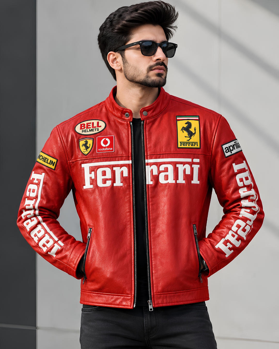 Red Ferrari inspired leather racing jacket