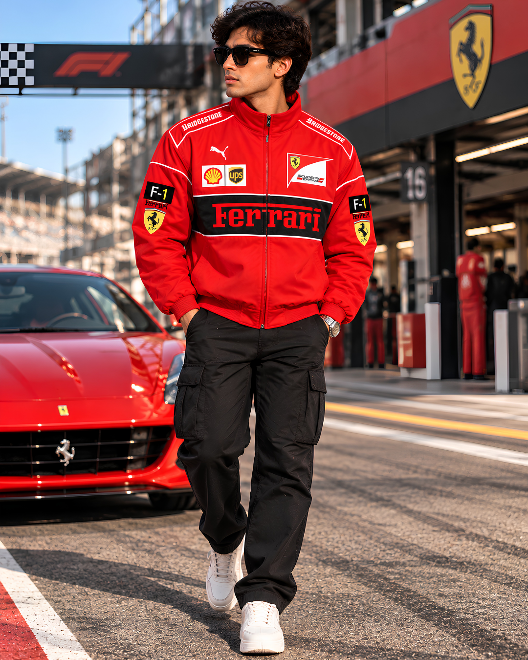 Men's red racing jacket model sitting on car bonnet