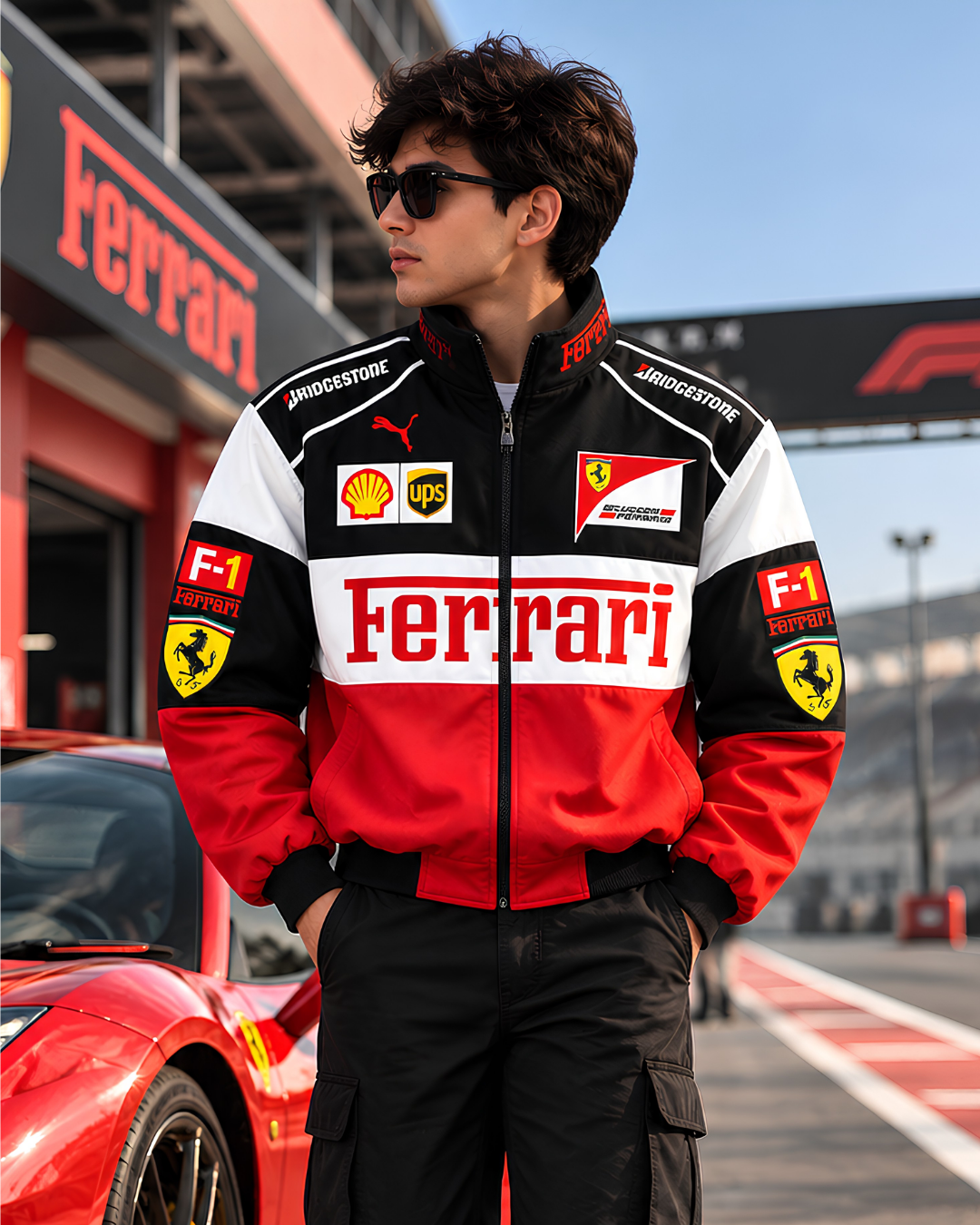 Premium F1 motorsport jacket with Ferrari chest branding