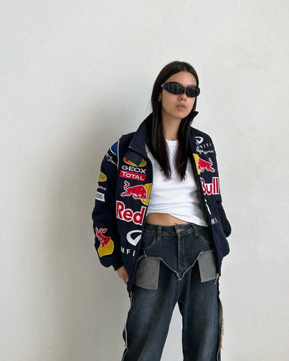 Red Bull F1 Racing Jacket for Men – Parachute Puffer Style with Printed Logos