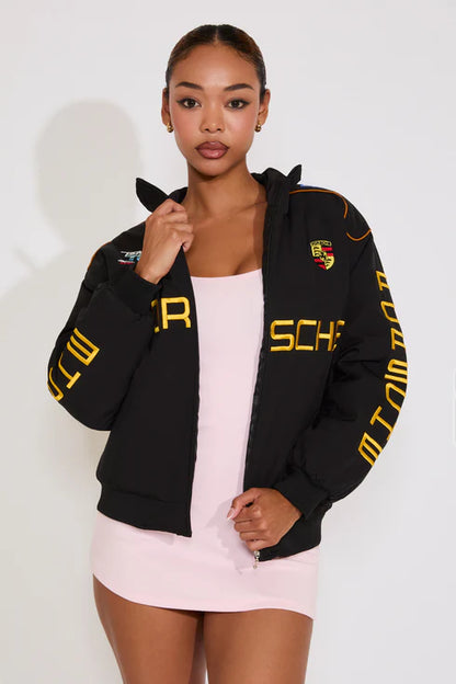 Porsche Black Parachute Puffer Racing Jacket | Premium Printed Logo Jacket