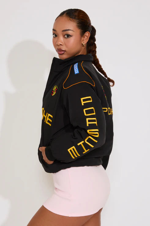Porsche Black Parachute Puffer Racing Jacket | Premium Printed Logo Jacket