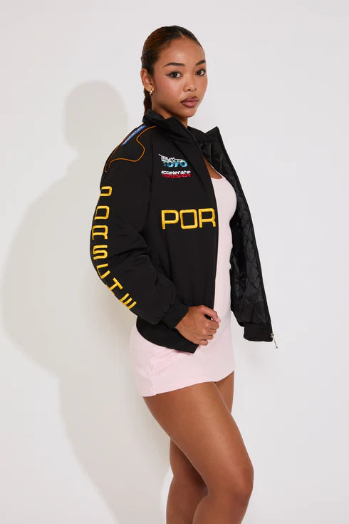 Porsche Black Parachute Puffer Racing Jacket | Premium Printed Logo Jacket