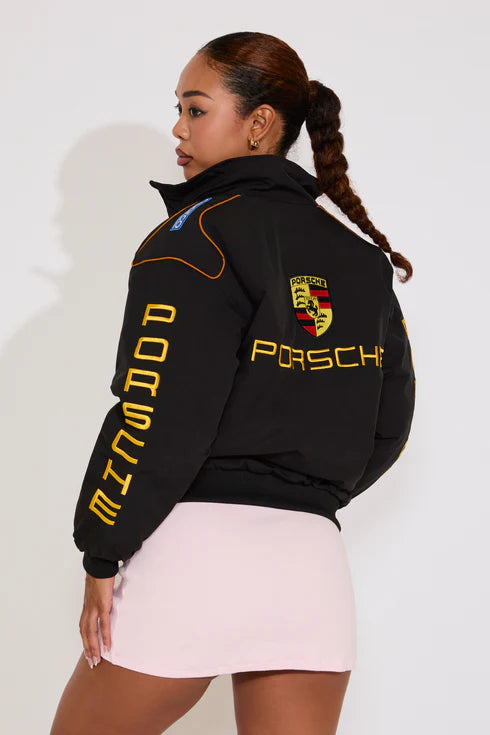 Porsche Black Parachute Puffer Racing Jacket | Premium Printed Logo Jacket