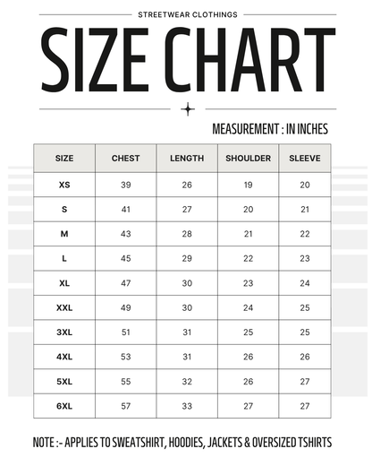 Size chart for streetwear clothing measurements in inches