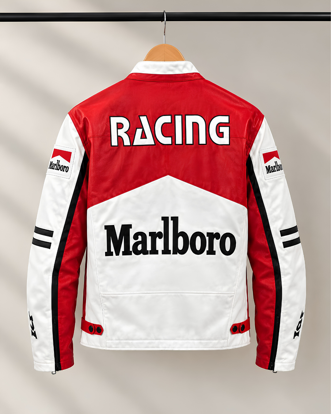 White & Red Vintage Racing Leather Jacket – Unisex Motorsport Streetwear