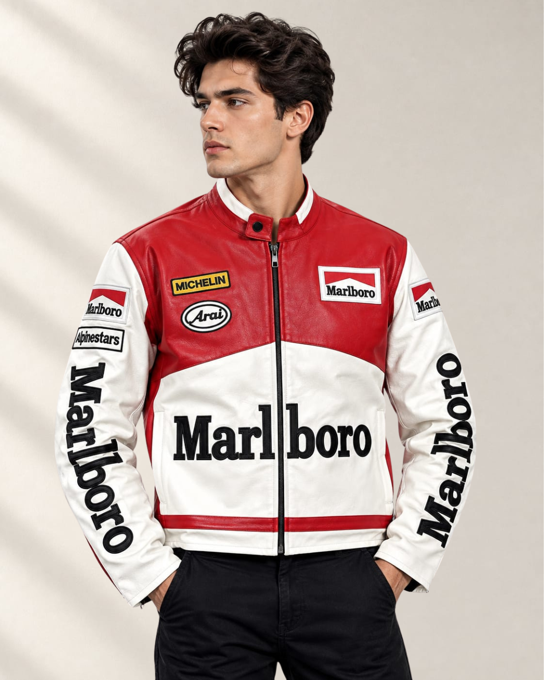 White & Red Vintage Racing Leather Jacket – Unisex Motorsport Streetwear