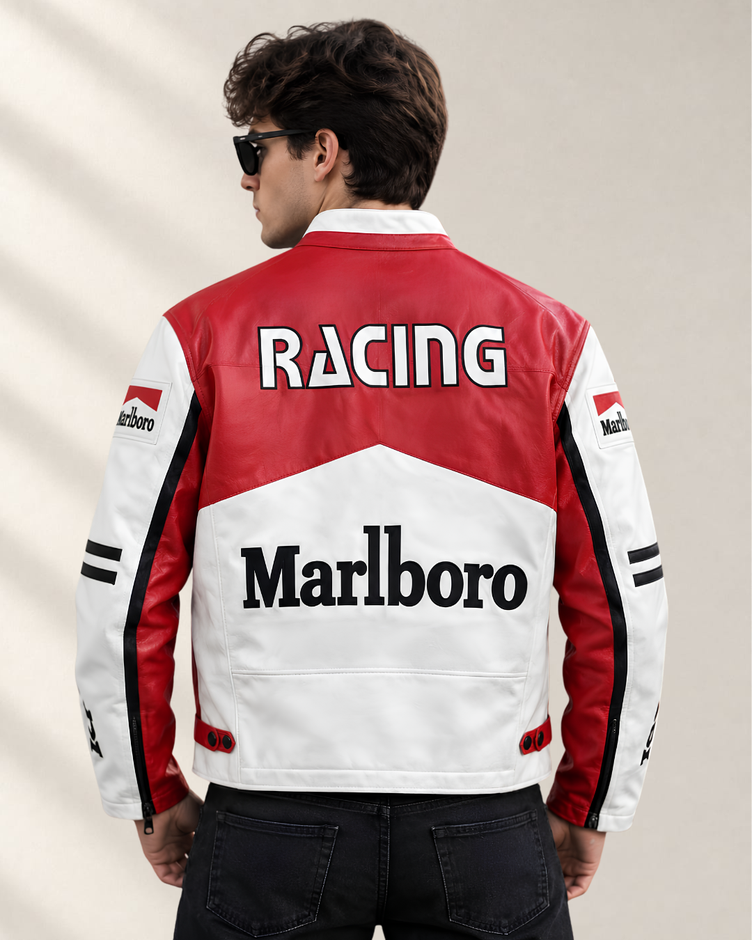 White & Red Vintage Racing Leather Jacket – Unisex Motorsport Streetwear