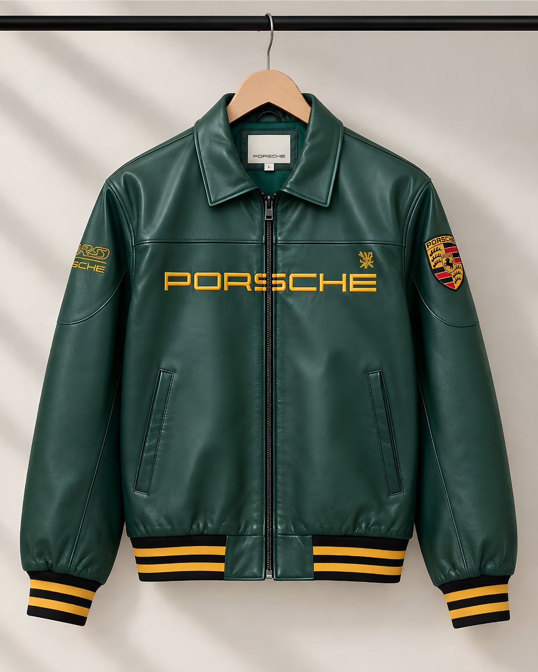 Vintage Racing Leather Jacket – Porsche-Inspired Green & Gold Bomber Jacket.