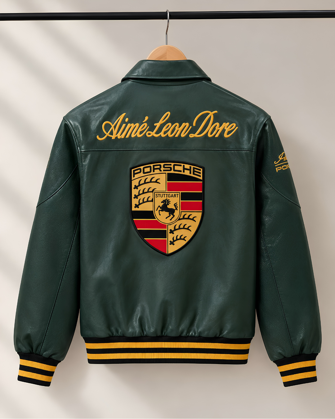 Vintage Racing Leather Jacket – Porsche-Inspired Green & Gold Bomber Jacket.