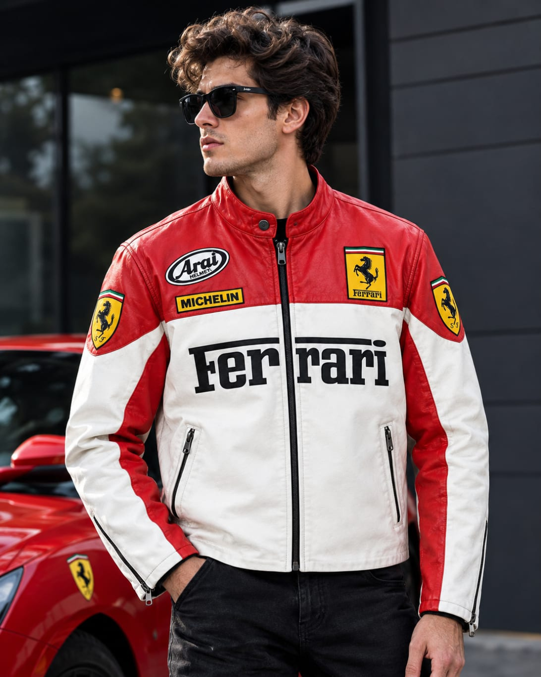 Red & White Racing Leather Jacket | Motorsport Style Jacket