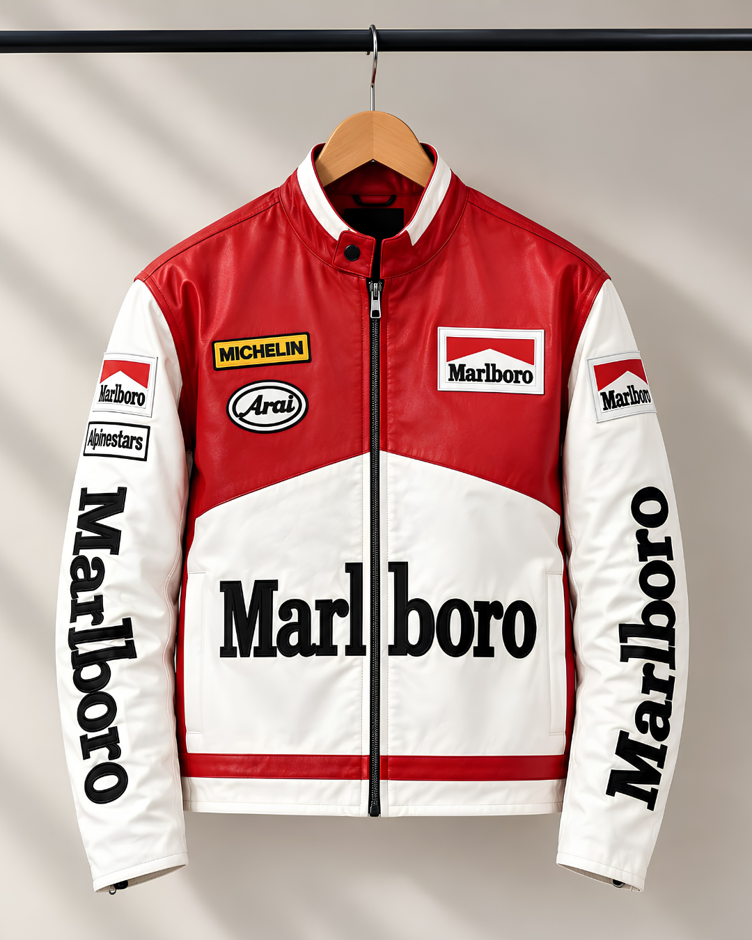 White & Red Vintage Racing Leather Jacket – Unisex Motorsport Streetwear