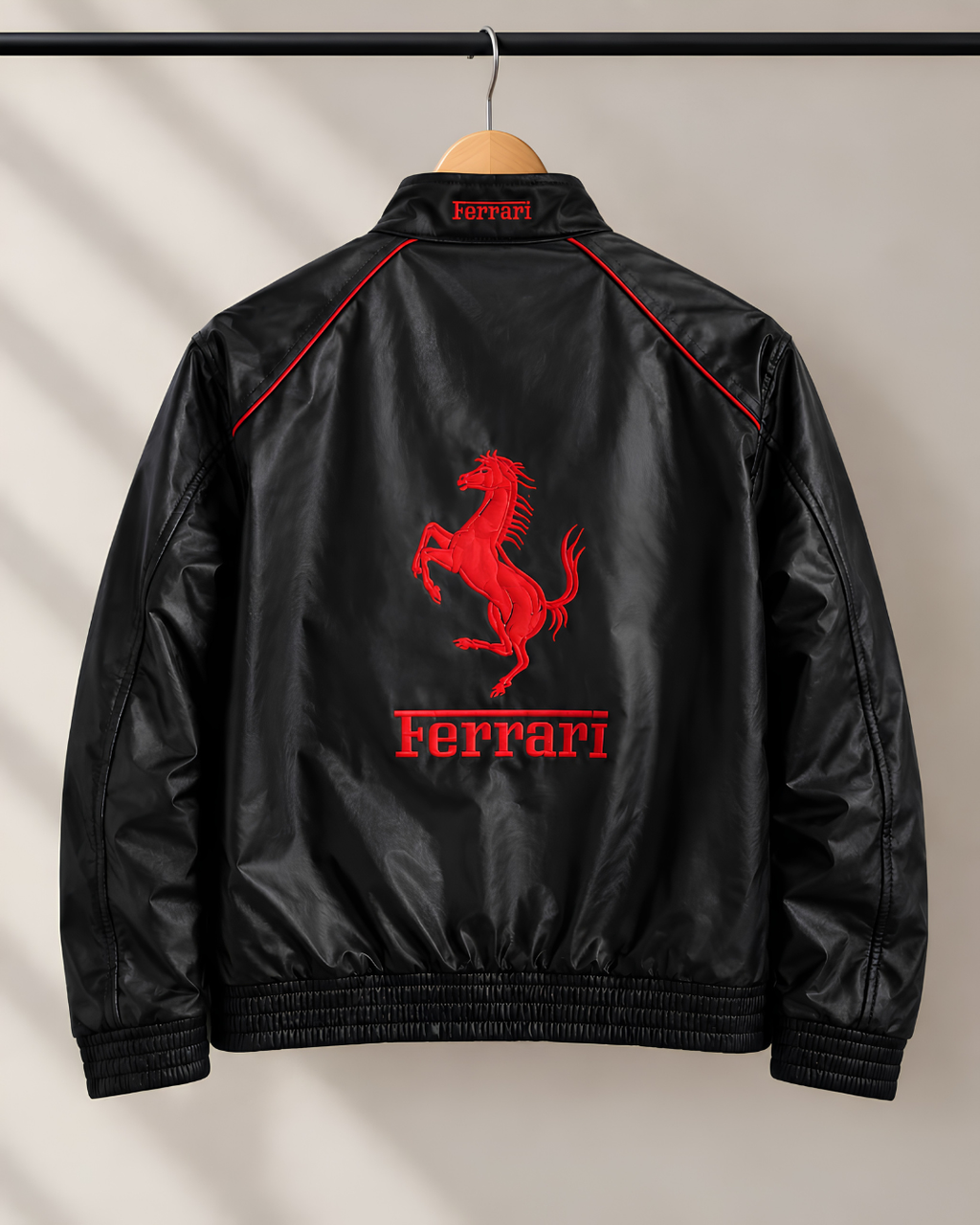 Black Ferrari Racing Leather Jacket – F1 Inspired Motorsport Jacket