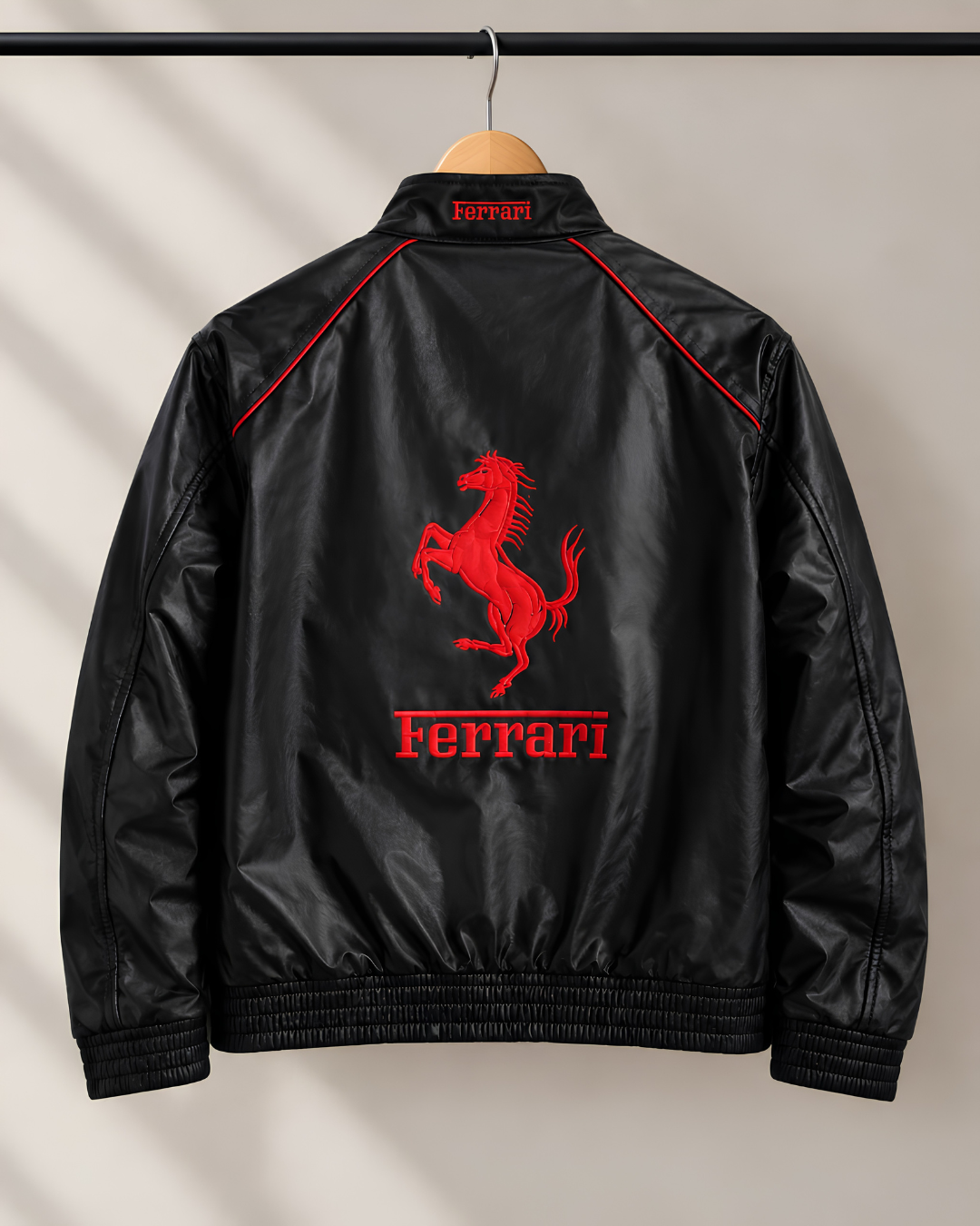 Black Ferrari Racing Leather Jacket – F1 Inspired Motorsport Jacket