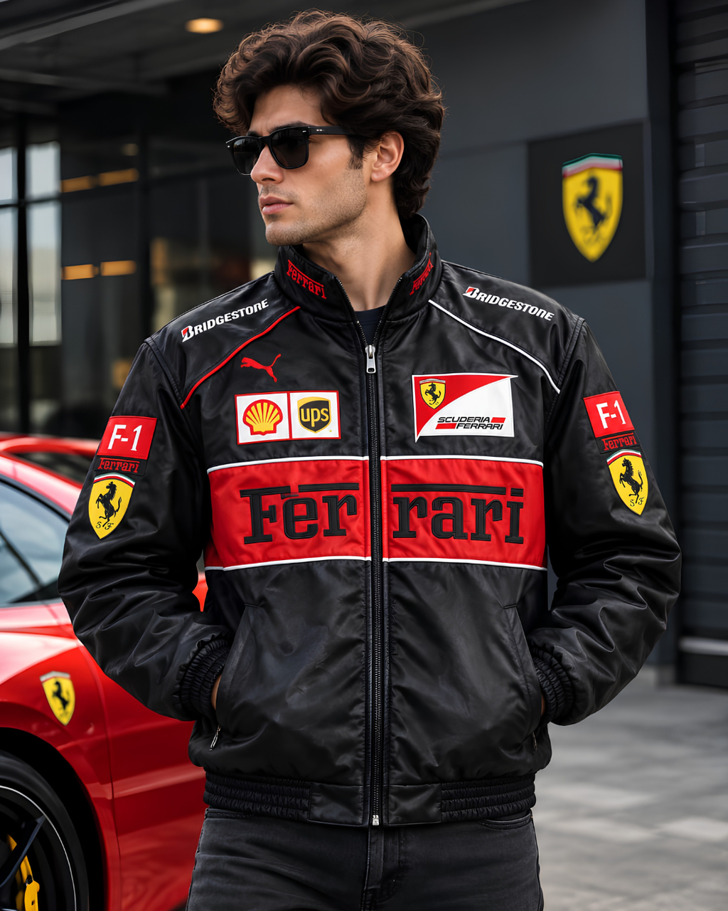 Black Ferrari Racing Leather Jacket – F1 Inspired Motorsport Jacket