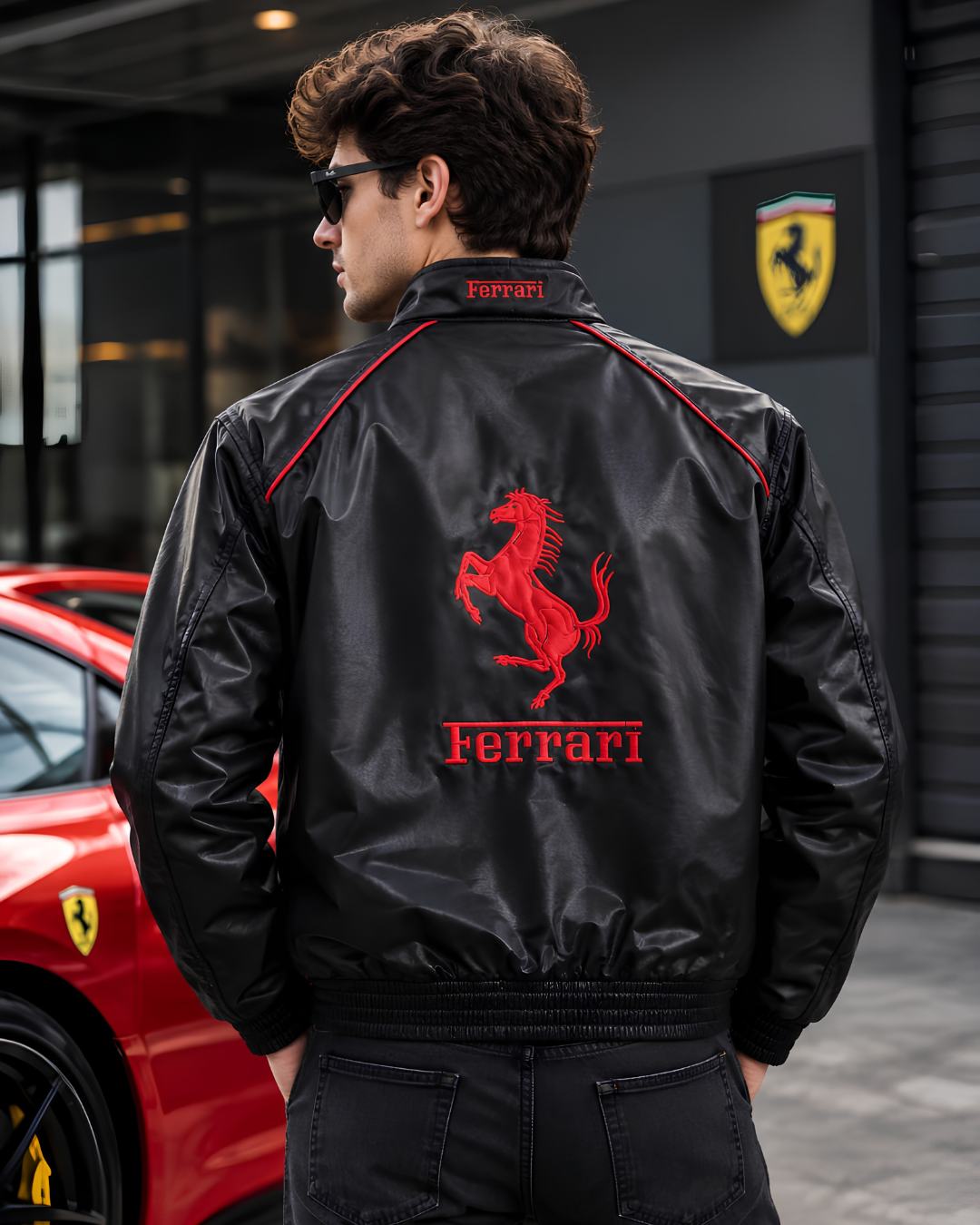 Black Ferrari Racing Leather Jacket – F1 Inspired Motorsport Jacket