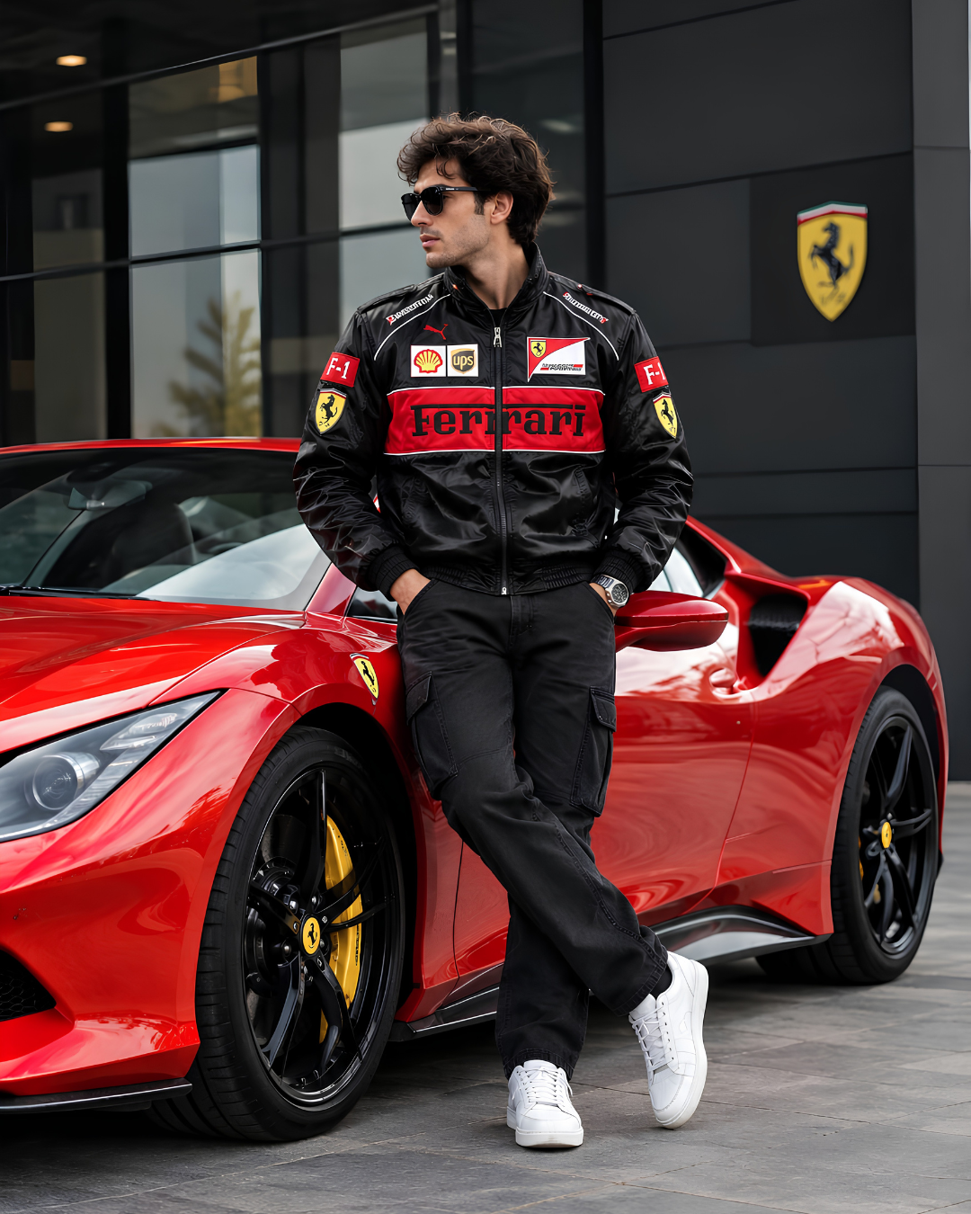 Black Ferrari Racing Leather Jacket – F1 Inspired Motorsport Jacket