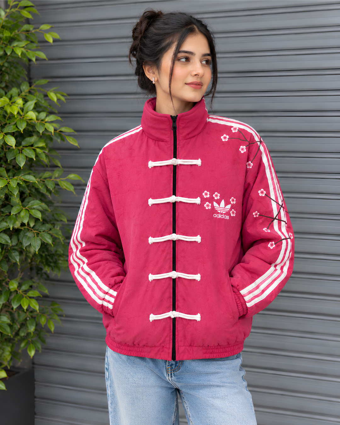 Sakura-Inspired Pink Velvet Chinese Collar Track Cny Jacket with Floral Embroidery.