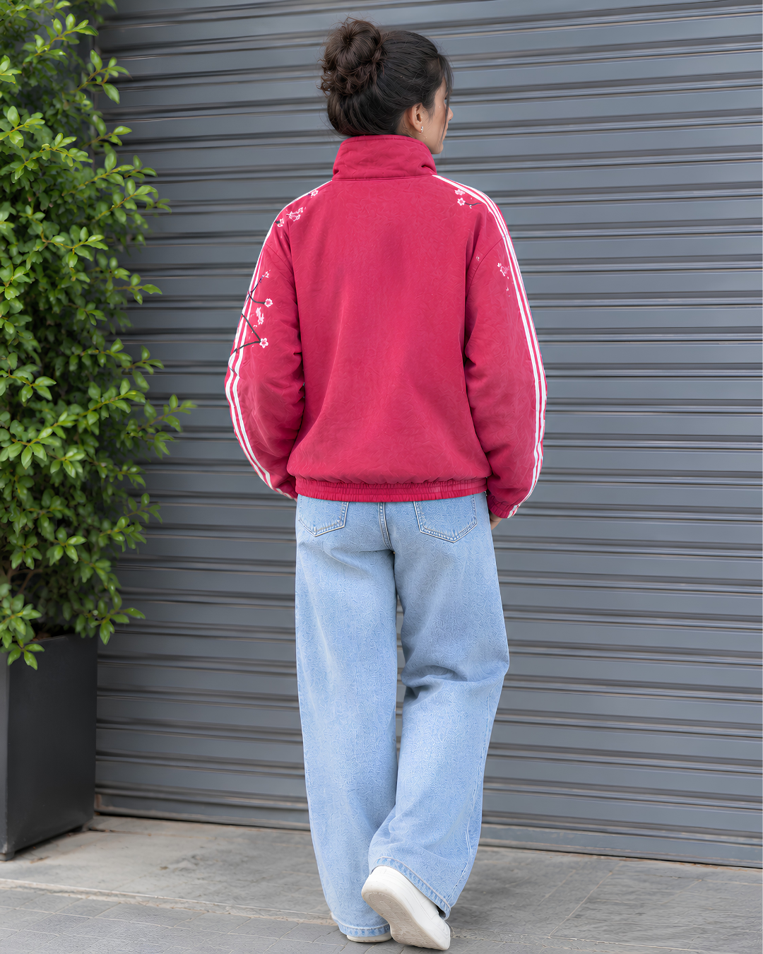 Sakura-Inspired Pink Velvet Chinese Collar Track Cny Jacket with Floral Embroidery.
