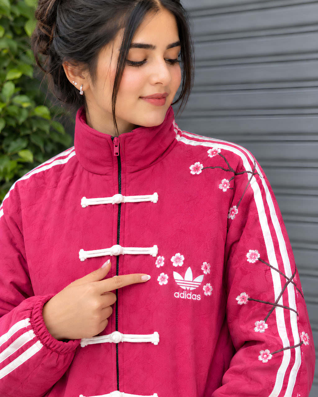 Sakura-Inspired Pink Velvet Chinese Collar Track Cny Jacket with Floral Embroidery.