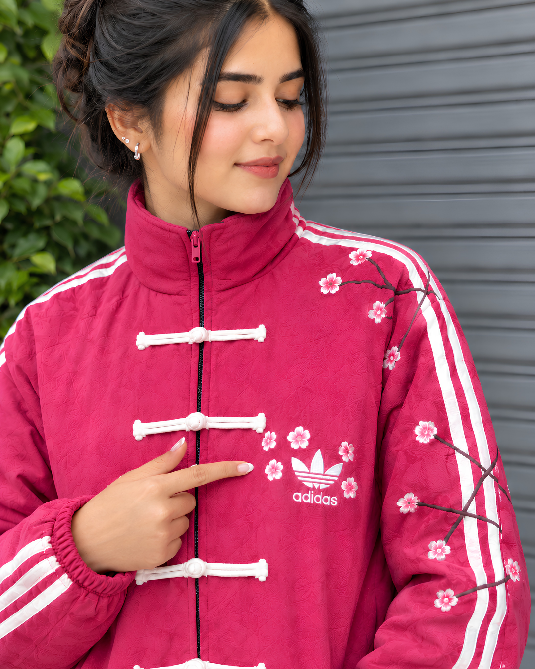 Sakura-Inspired Pink Velvet Chinese Collar Track Cny Jacket with Floral Embroidery.