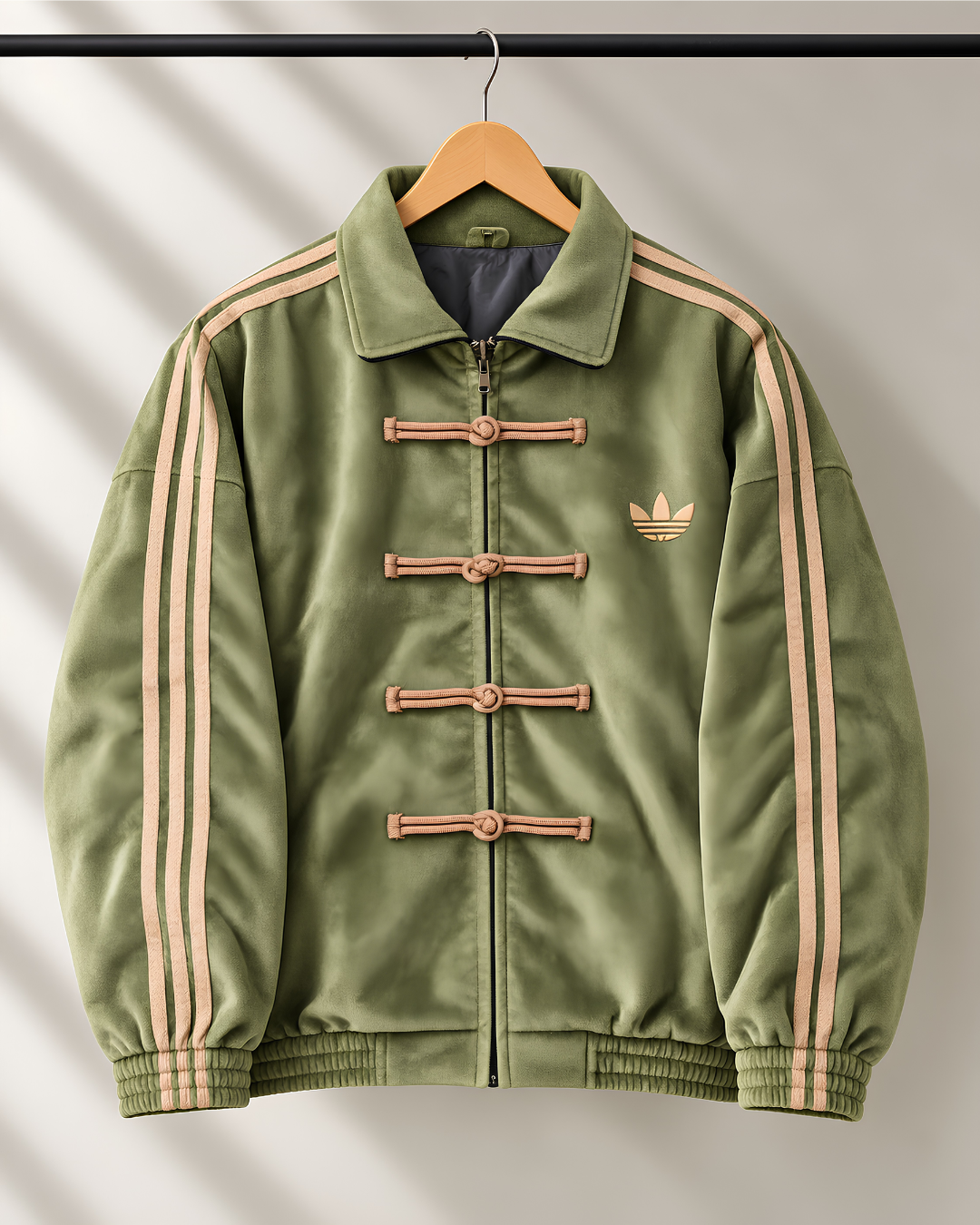 Olive green Chinese knot jacket with beige stripes front view