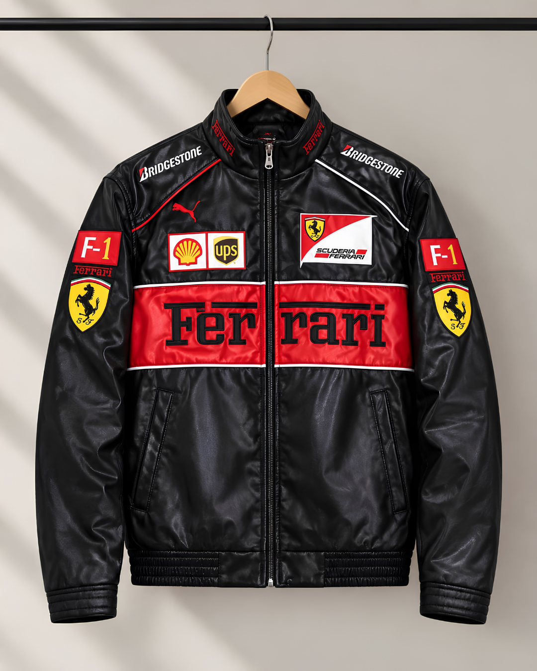 Black Ferrari Racing Leather Jacket – F1 Inspired Motorsport Jacket