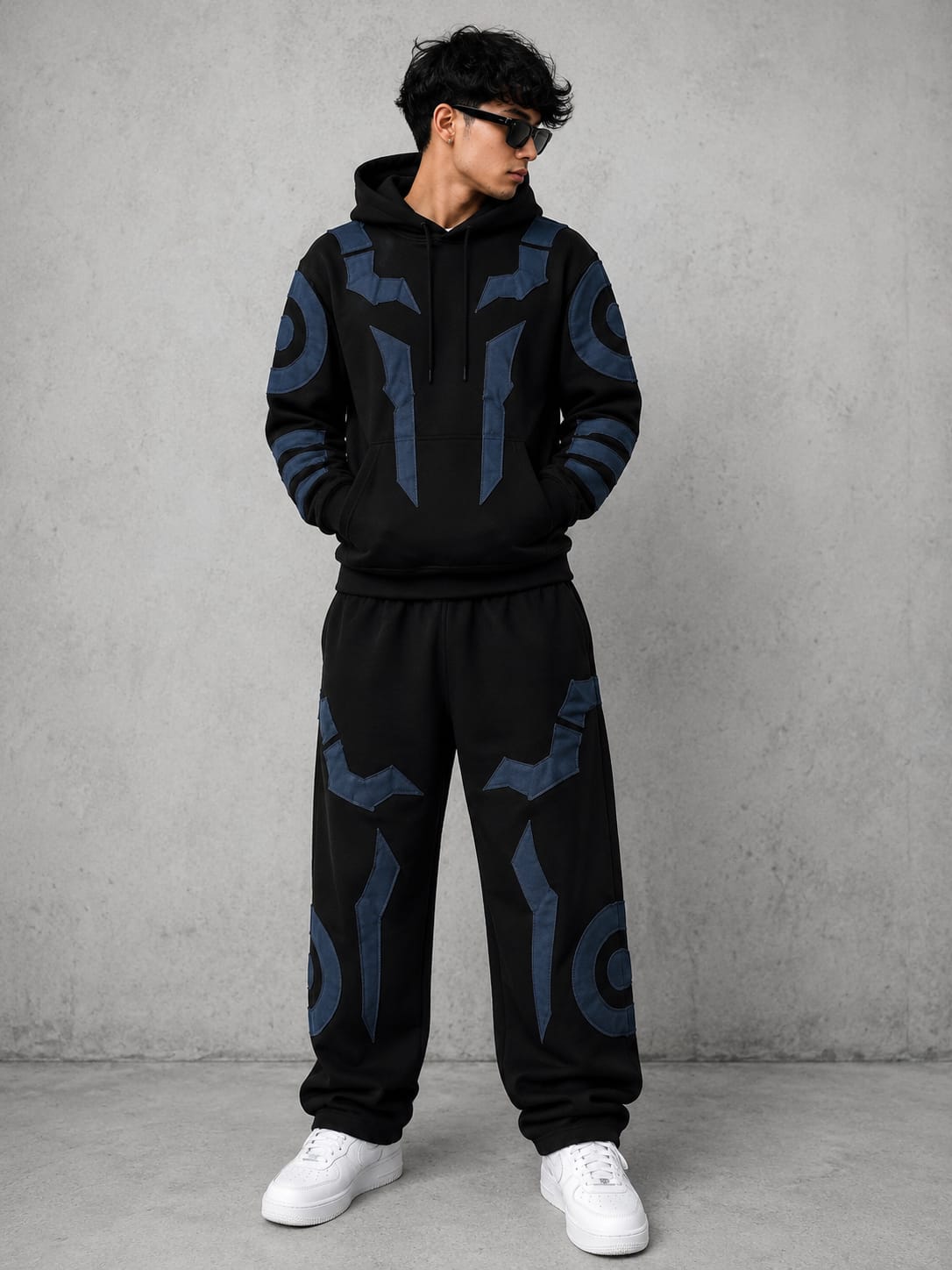 Black & Blue Signature Appliqué Hoodie & Jogger Set.