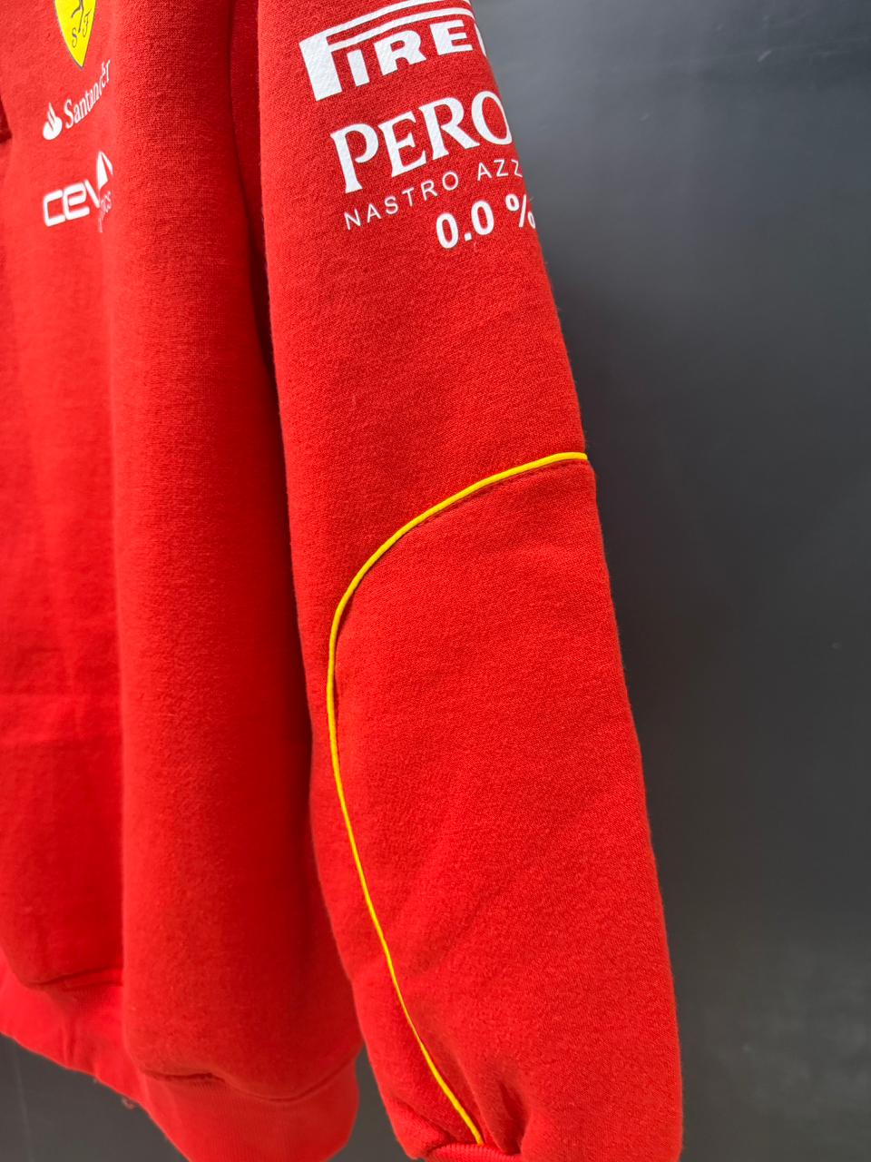Close-up of premium cotton fleece red sweatshirt showing high-quality fabric texture