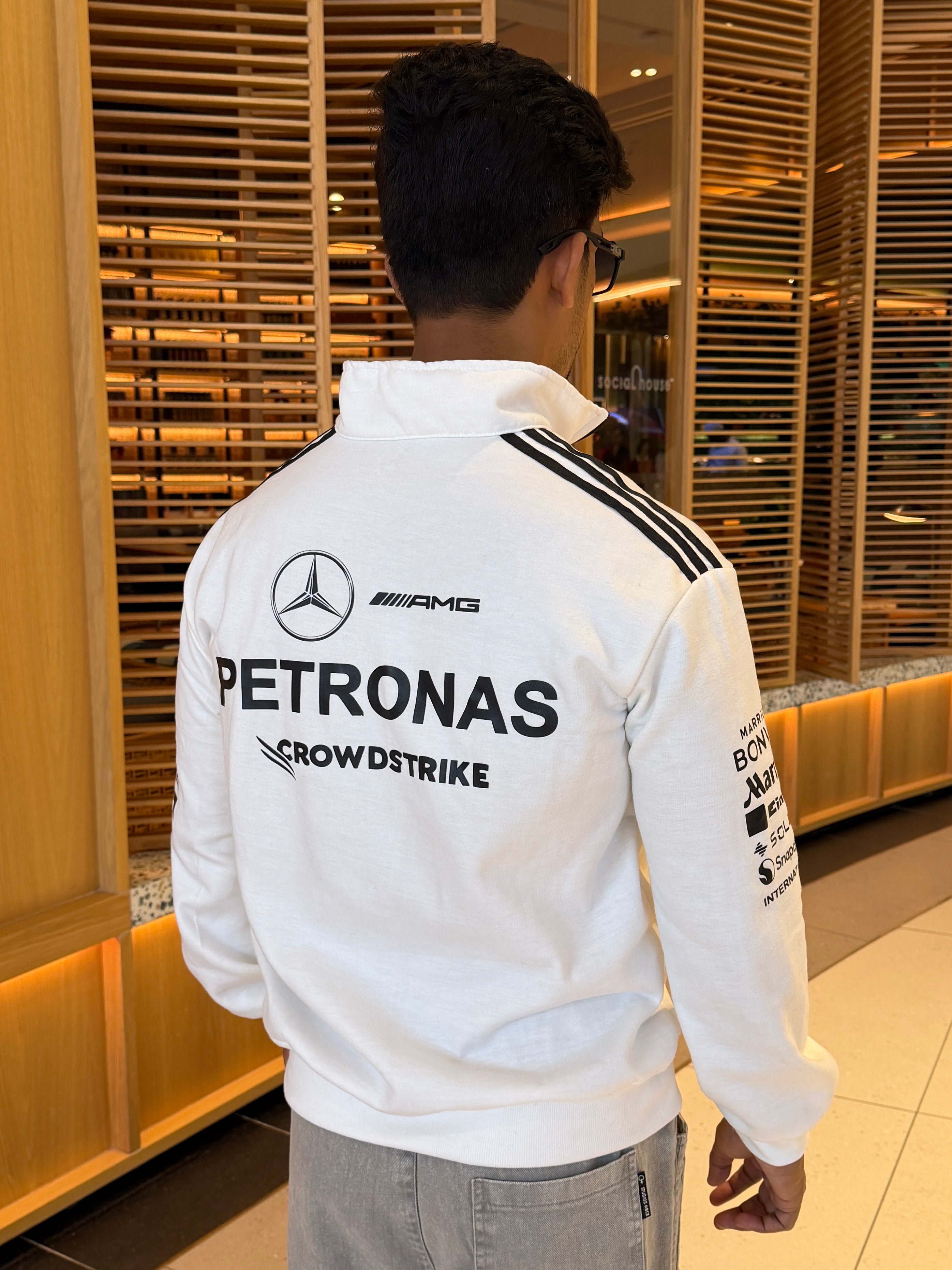 Motorsport style white sweatshirt inspired by Petronas racing team, everyday casual wear with premium feel