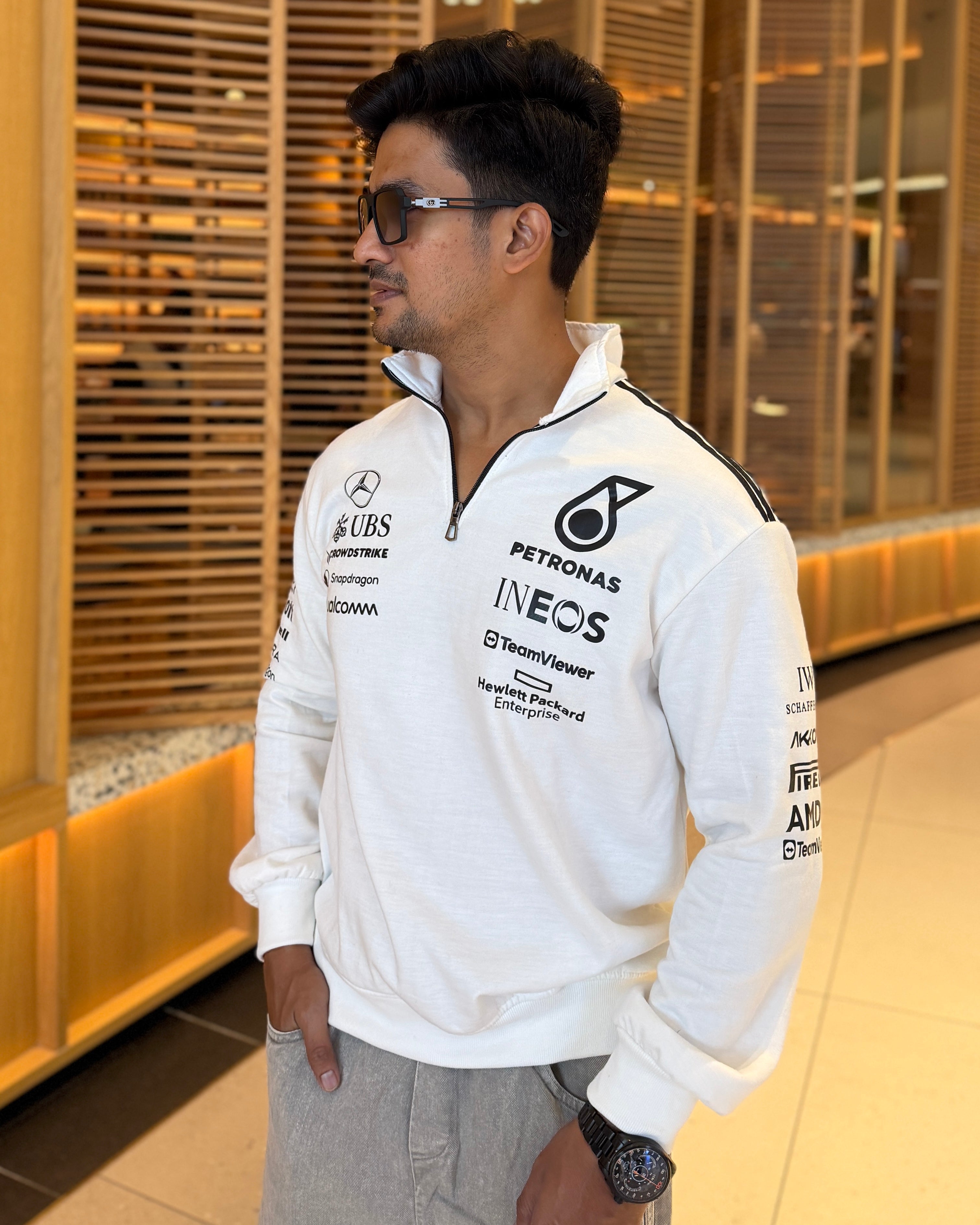White Petronas inspired sweatshirt for men and women, premium cotton streetwear with clean motorsport aesthetic