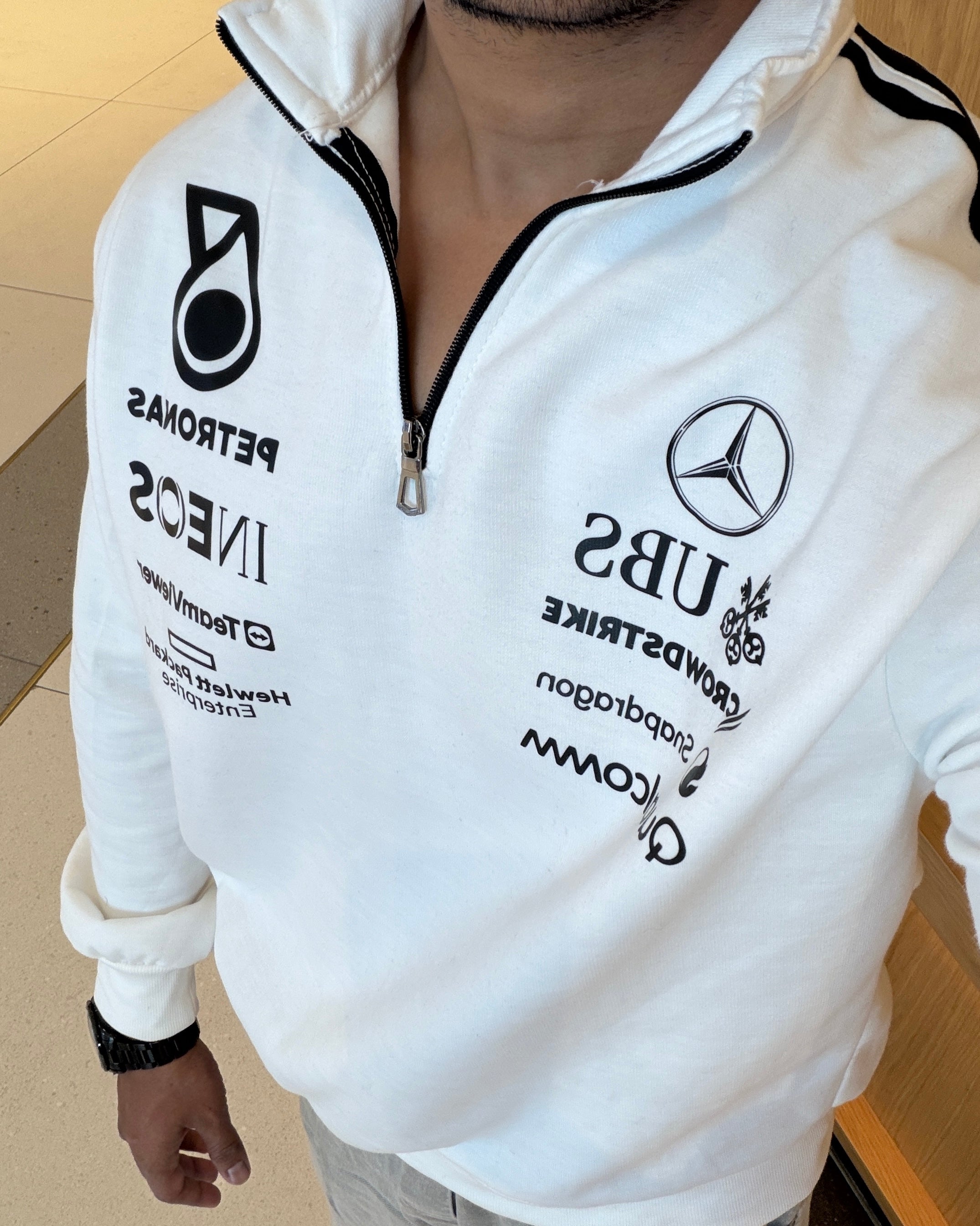 White racing sweatshirt inspired by Petronas F1 style, comfortable pullover with sporty design and minimal branding look