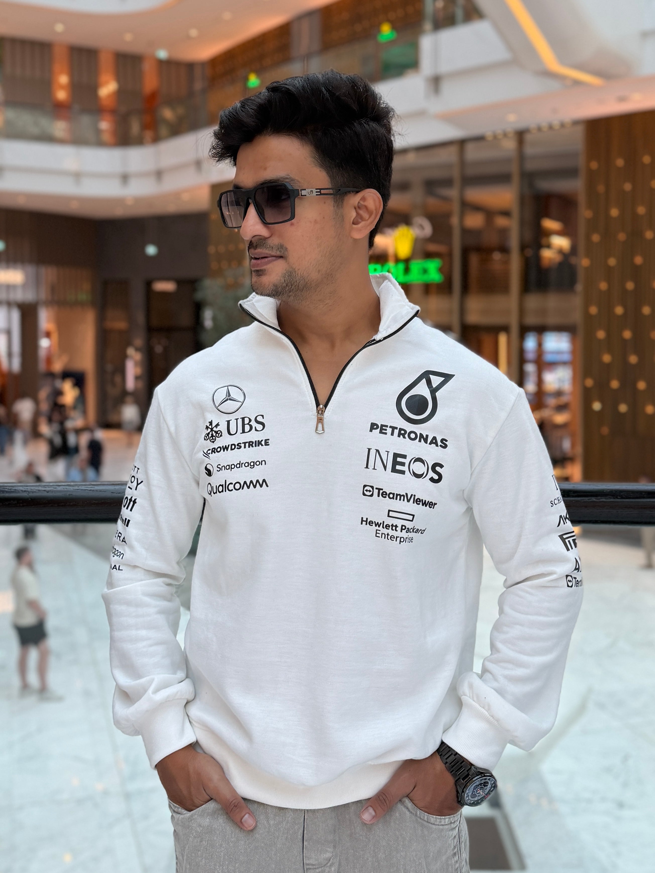 Petronas inspired white sweatshirt with racing theme, soft cotton fabric and relaxed streetwear fit