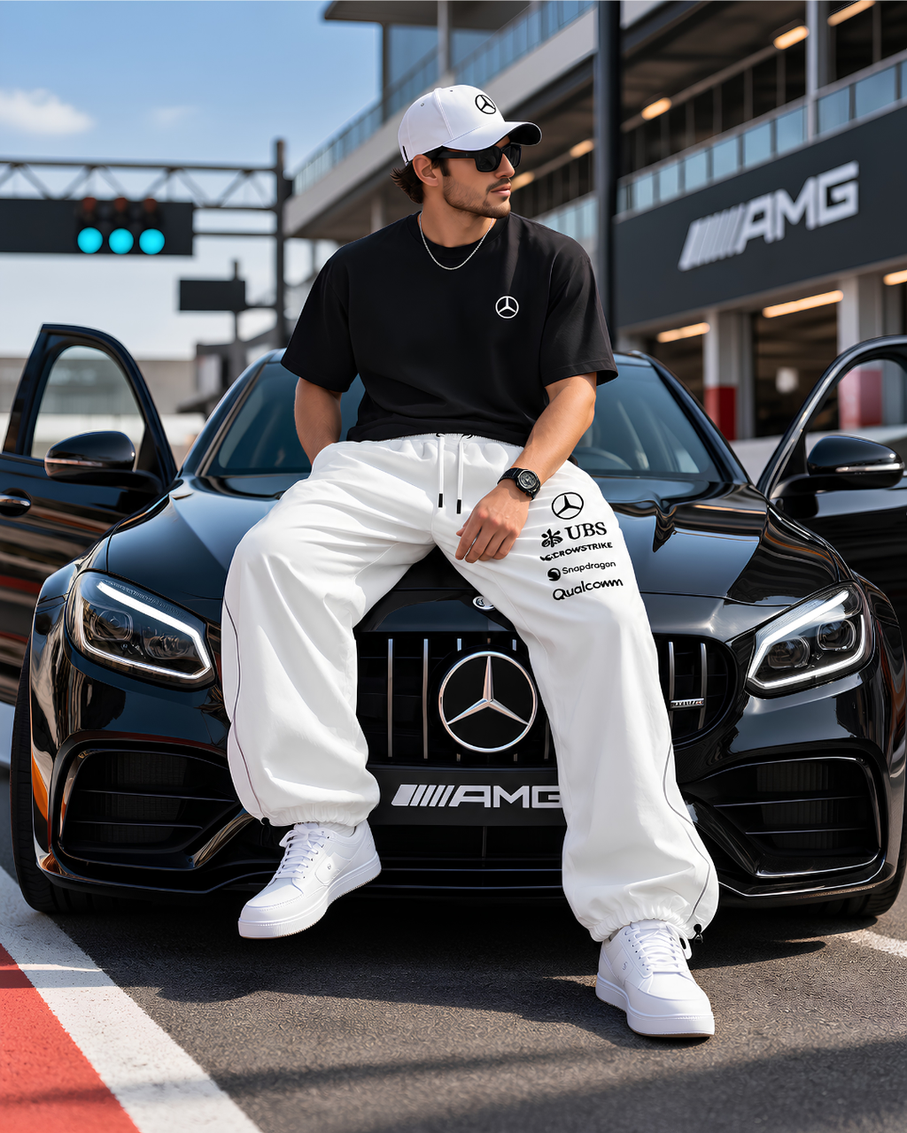 White Racing Joggers, Motorsport Streetwear Pants,