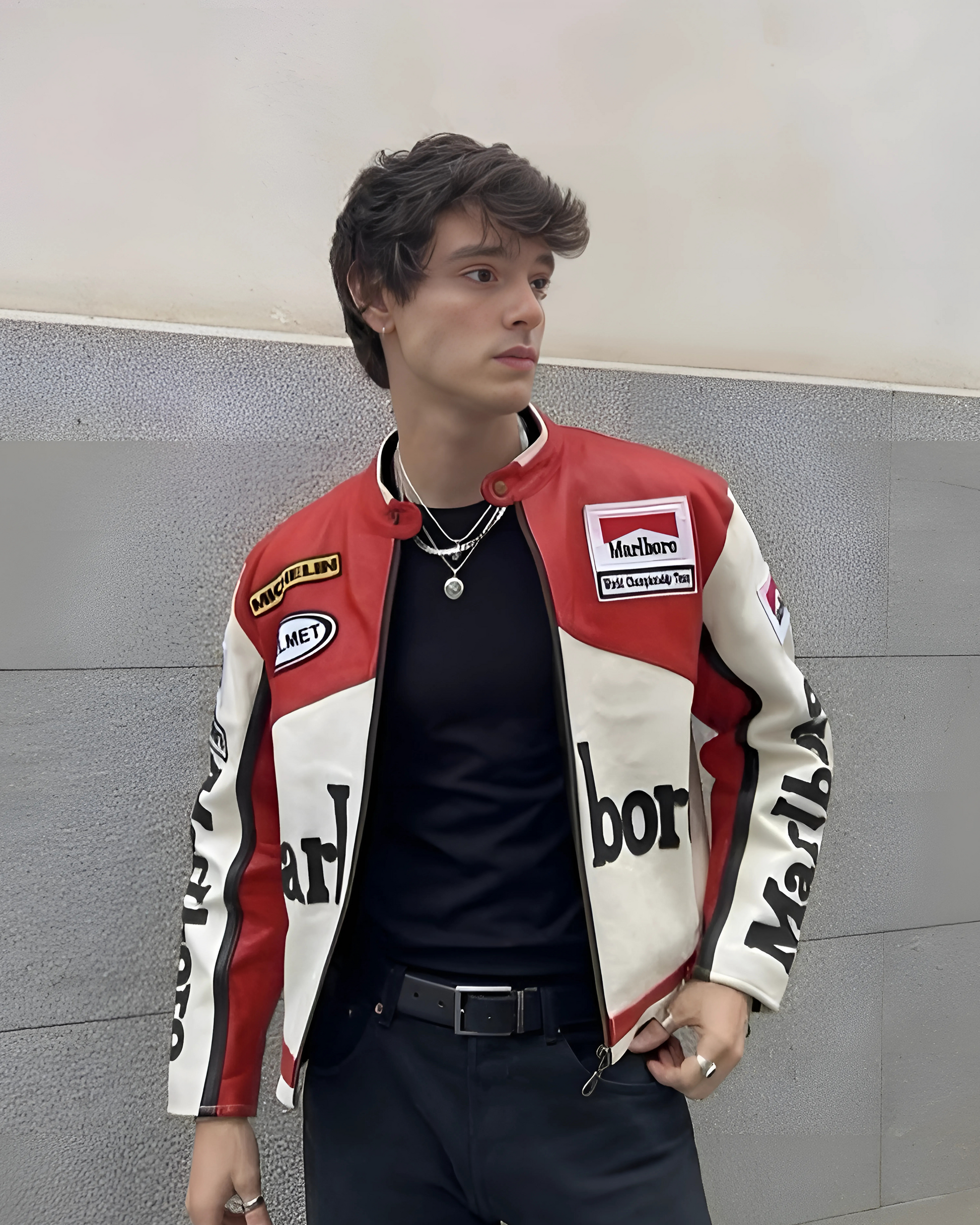 Marlboro inspired white red leather racing jacket, premium sporty streetwear with vintage racing aesthetic