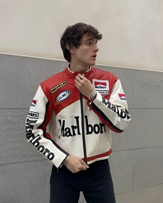 White and red Marlboro leather racing jacket for men, bold motorsport style biker outerwear