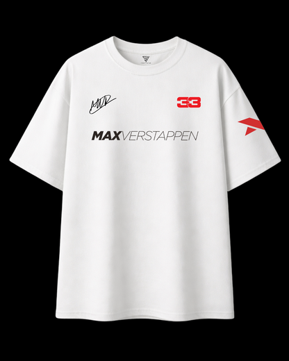 White oversized F1 Max Verstappen inspired unisex T-shirt front view racing streetwear design
