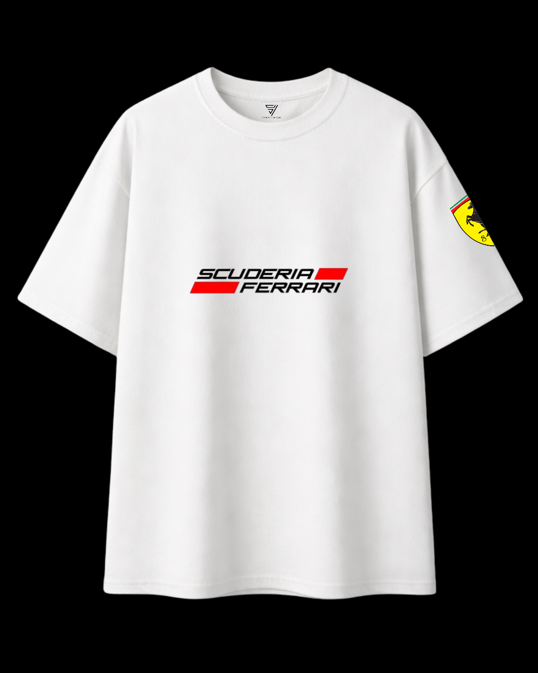 White oversized Ferrari F1 inspired unisex T-shirt front view with racing streetwear design
