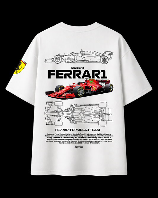 White oversized Formula 1 Ferrari T-shirt back print racing graphic streetwear India