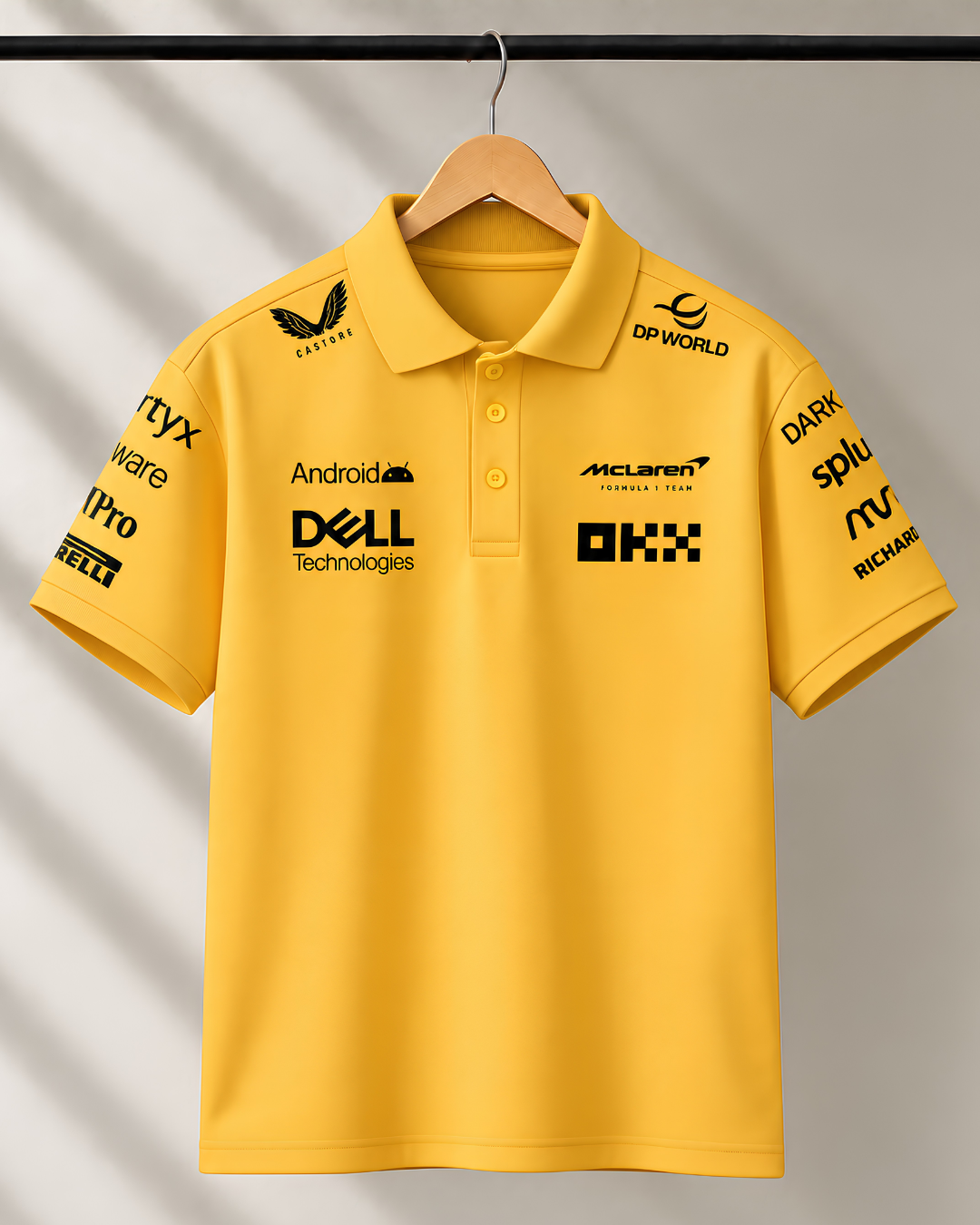 Yellow motorsport polo shirt with Dell and Android graphics