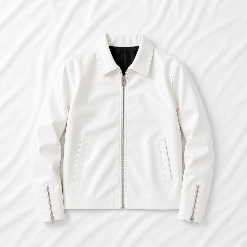 white faux leather jacket for men front view