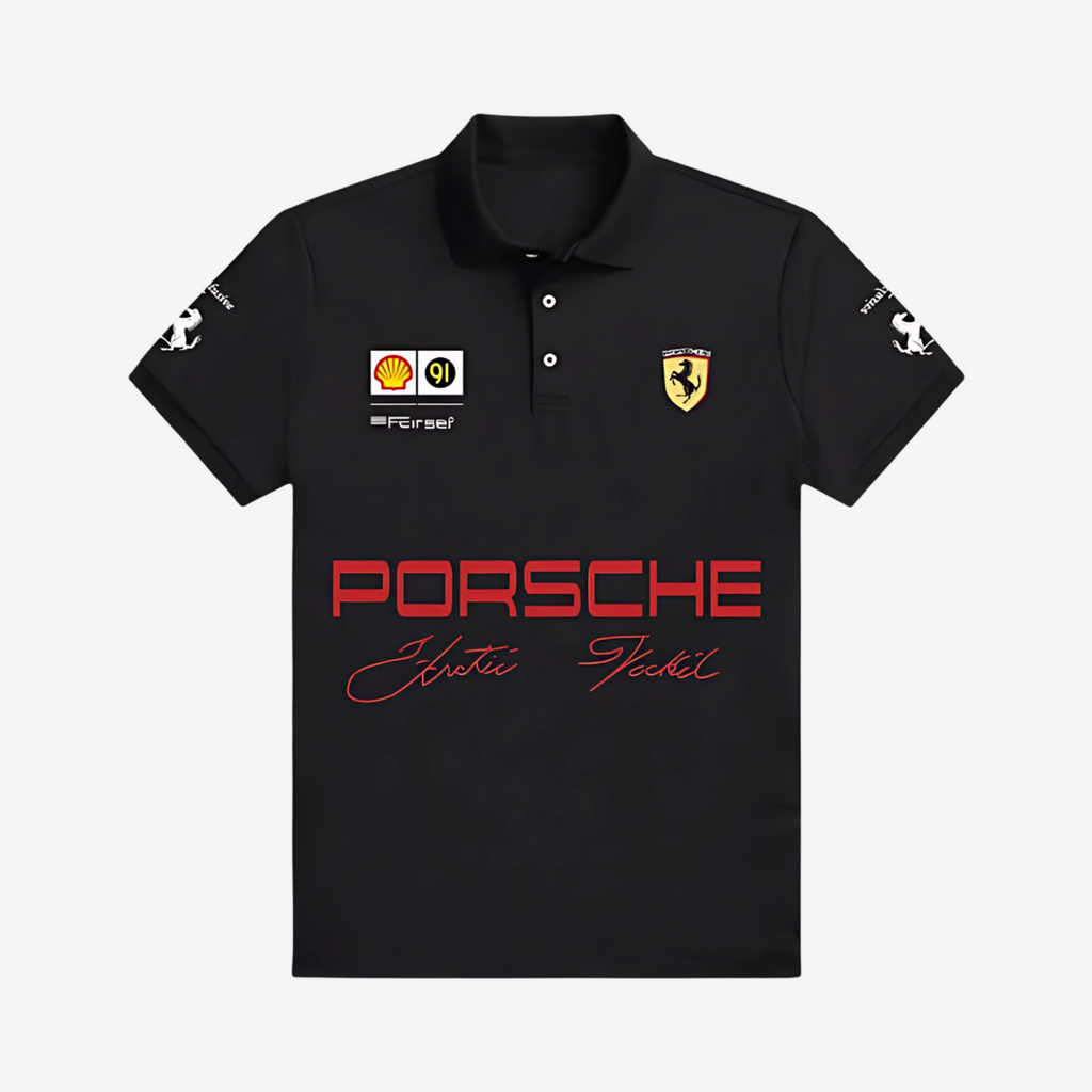 Porsche inspired black polo t-shirt front HD print