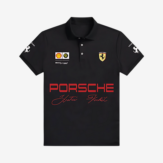 Porsche inspired black polo t-shirt front HD print