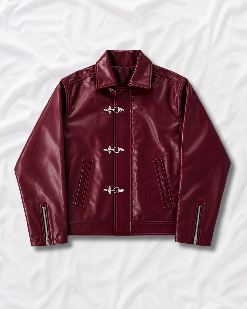 burgundy boxy streetwear jacket with metal clasp