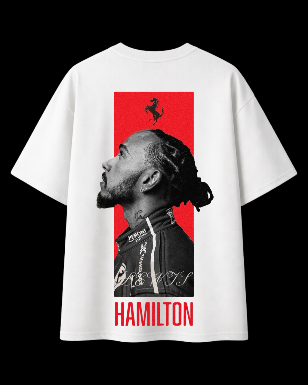 Model wearing oversized Lewis Hamilton white t-shirt