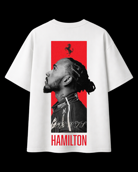 Model wearing oversized Lewis Hamilton white t-shirt