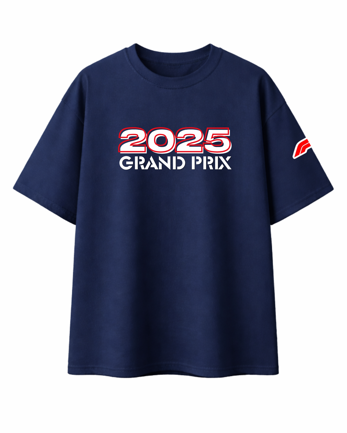 Close-up of Grand Prix 2025 graphic print on navy blue t-shirt