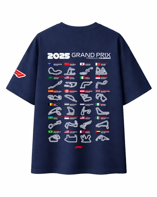 Oversized navy blue Grand Prix 2025 race edition t-shirt front view