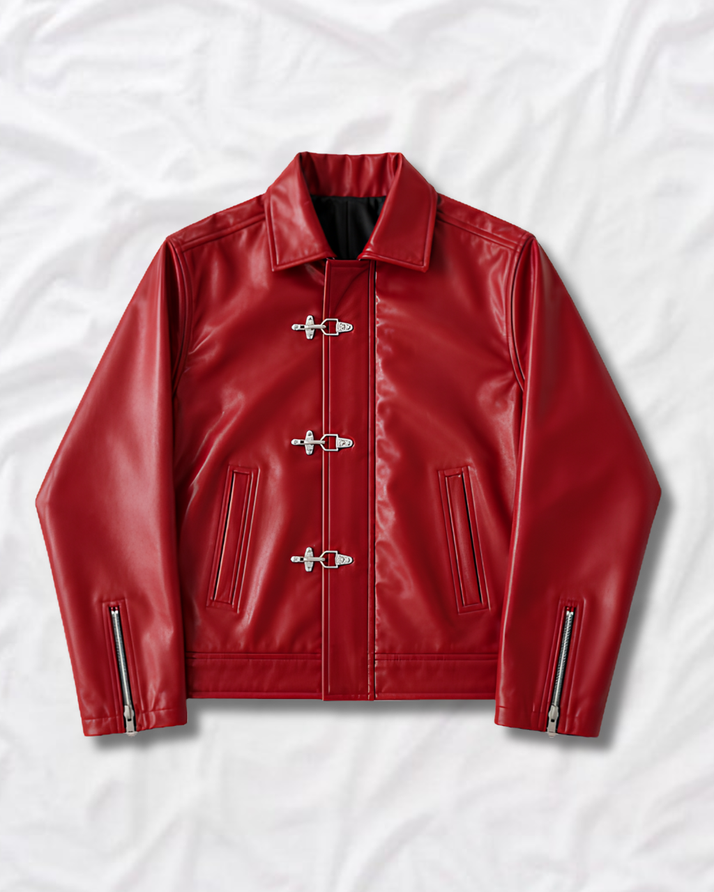 red streetwear clasp faux leather jacket front view